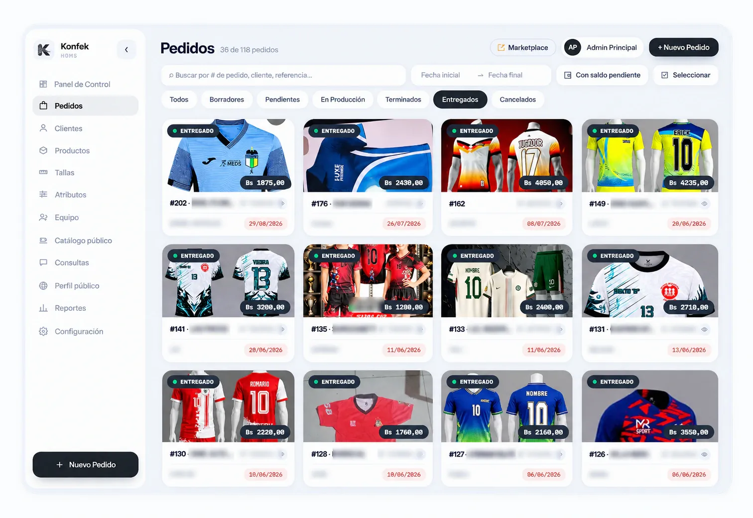 Lista de pedidos de Konfek con fotos de las prendas, estado y fecha de entrega